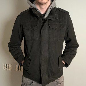 Medium - Levi's Men's Cotton Hoodie Sherpa Trucker Jacket/Coat, Black/Grey